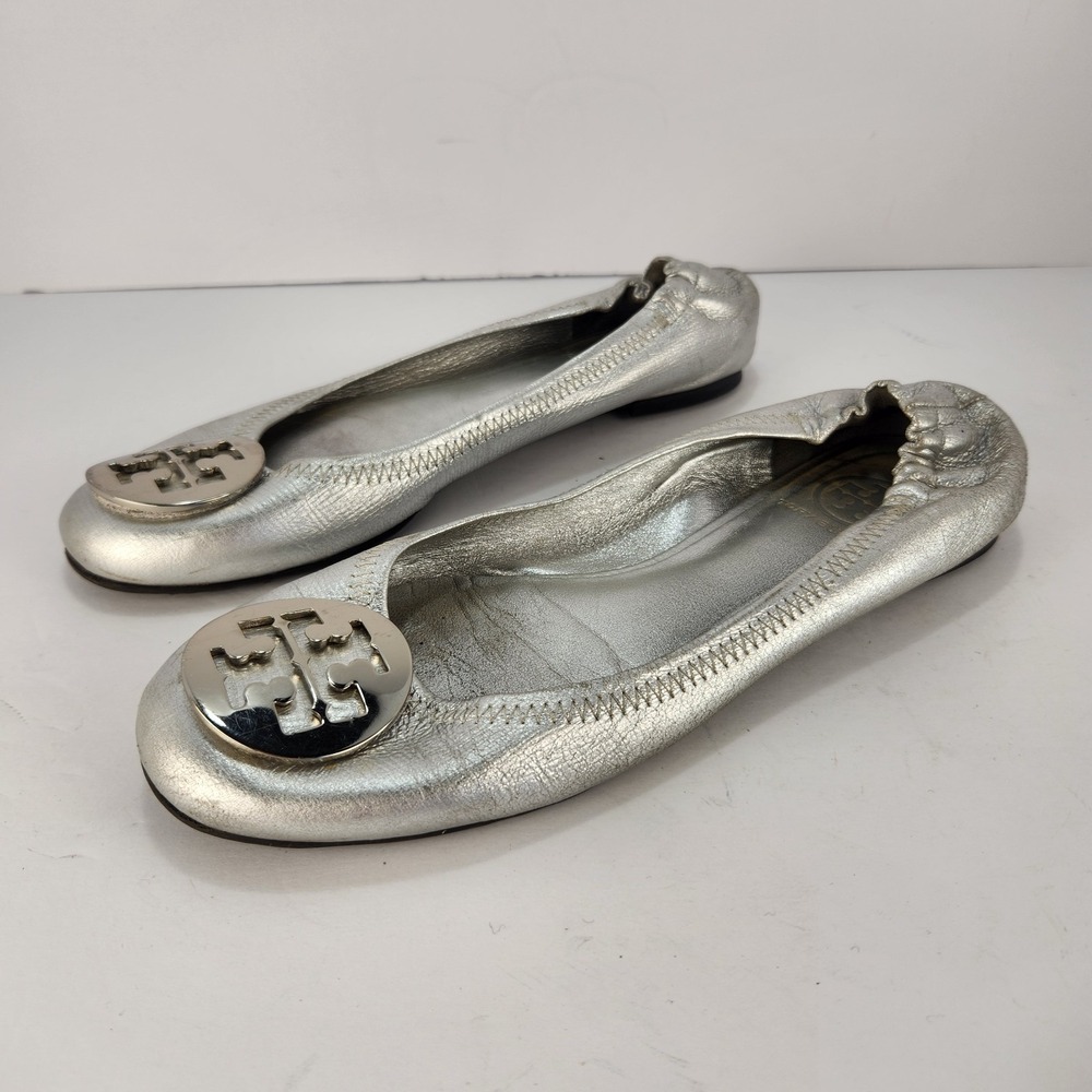 Tory Burch Minnie Women's Elegant Metallic Silver Ballet Flat Shoes Size 8M